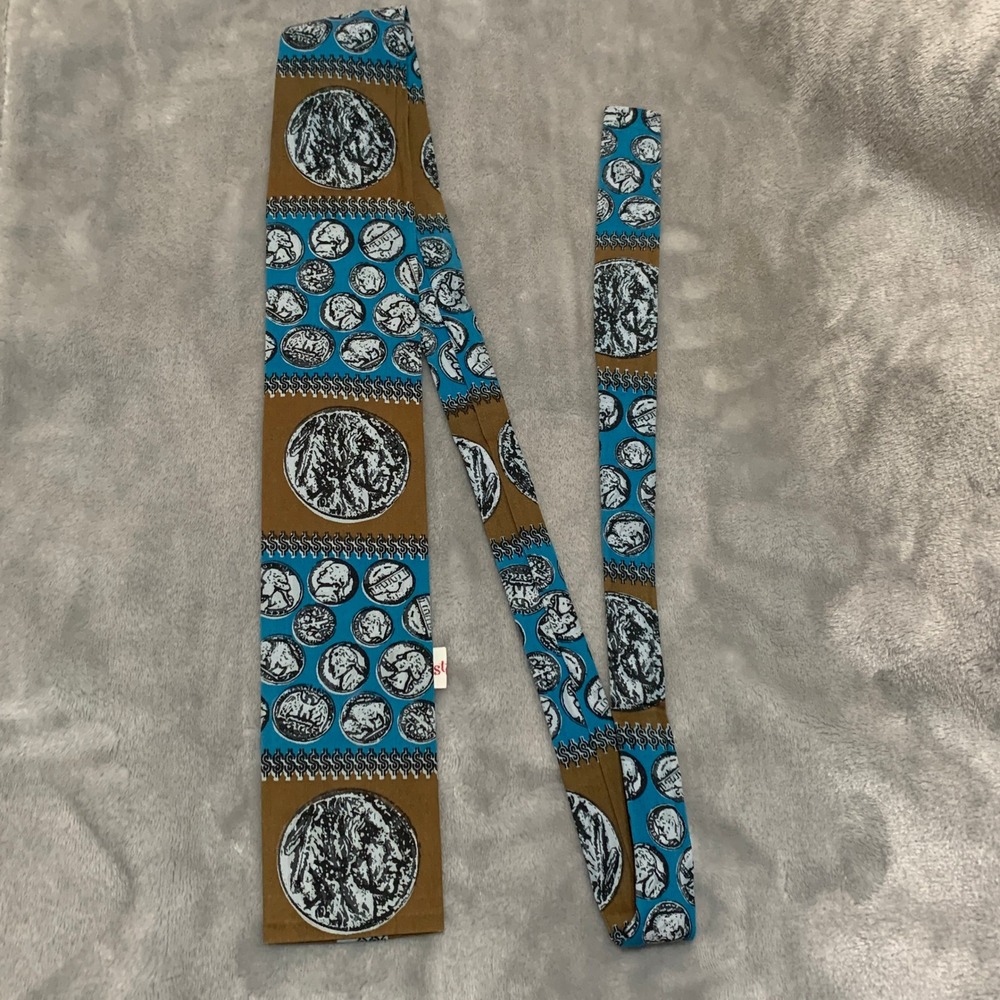 Vintage Rooster Jacob Reeds Sons Cotton Tie Blue Brown Buffalo Nickel Coin Print